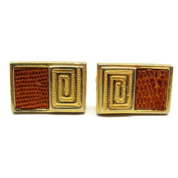 Gold Tone Cufflinks Lizard Leather Inserts Speidel Vintage Cuff Links Tux Shirt - Picture 11 of 11